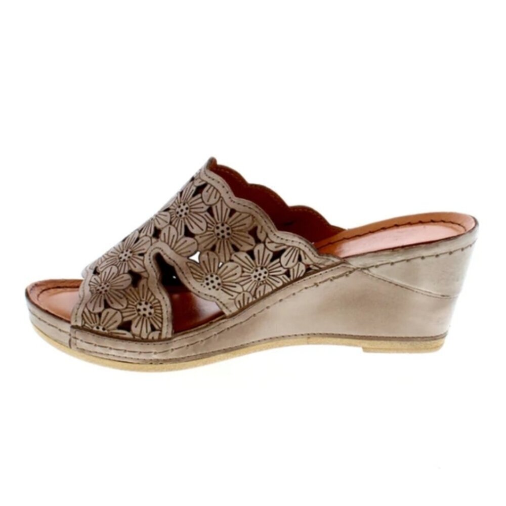 Volks Walkers Stone Open Toe Sandals Wedge Leather Shoes Flowers 1517 Size 41 10